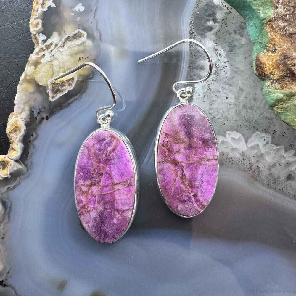 Sterling Silver Southwestern Style Oval Purple Dangle Earrings For Women